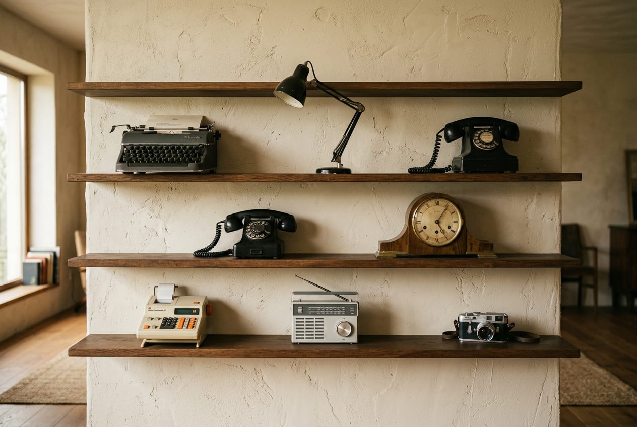 Wooden shelves on a plaster wall holding a typewriter, a lamp, telephones, a clock, a calculator, a radio and a camera