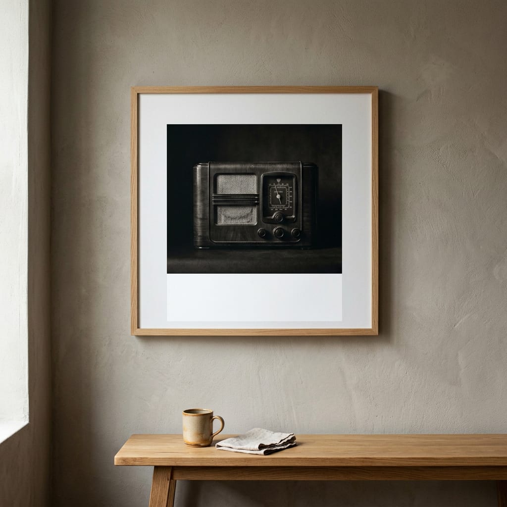 A framed black-and-white photograph of a vintage wooden radio hanging above an oak bench with a stoneware cup and a folded linen cloth
