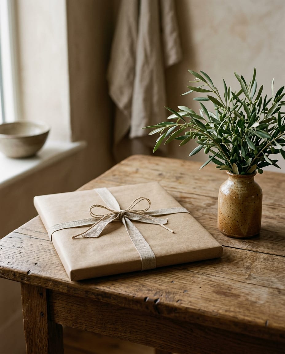 A flat parcel wrapped in kraft paper and linen ribbon on an oak table beside a vase of olive branches