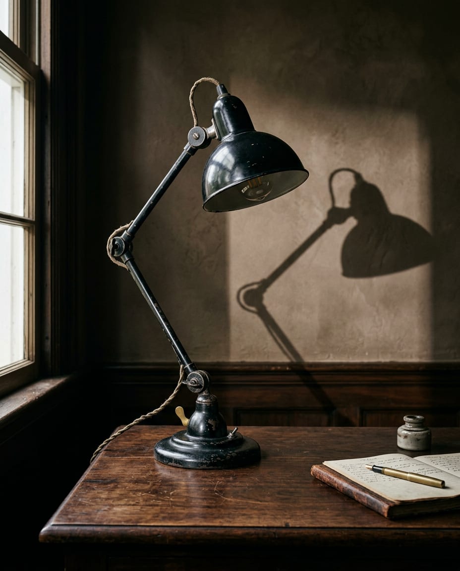 A black enamel articulated desk lamp on a dark walnut desk, throwing a long shadow on a brown plaster wall