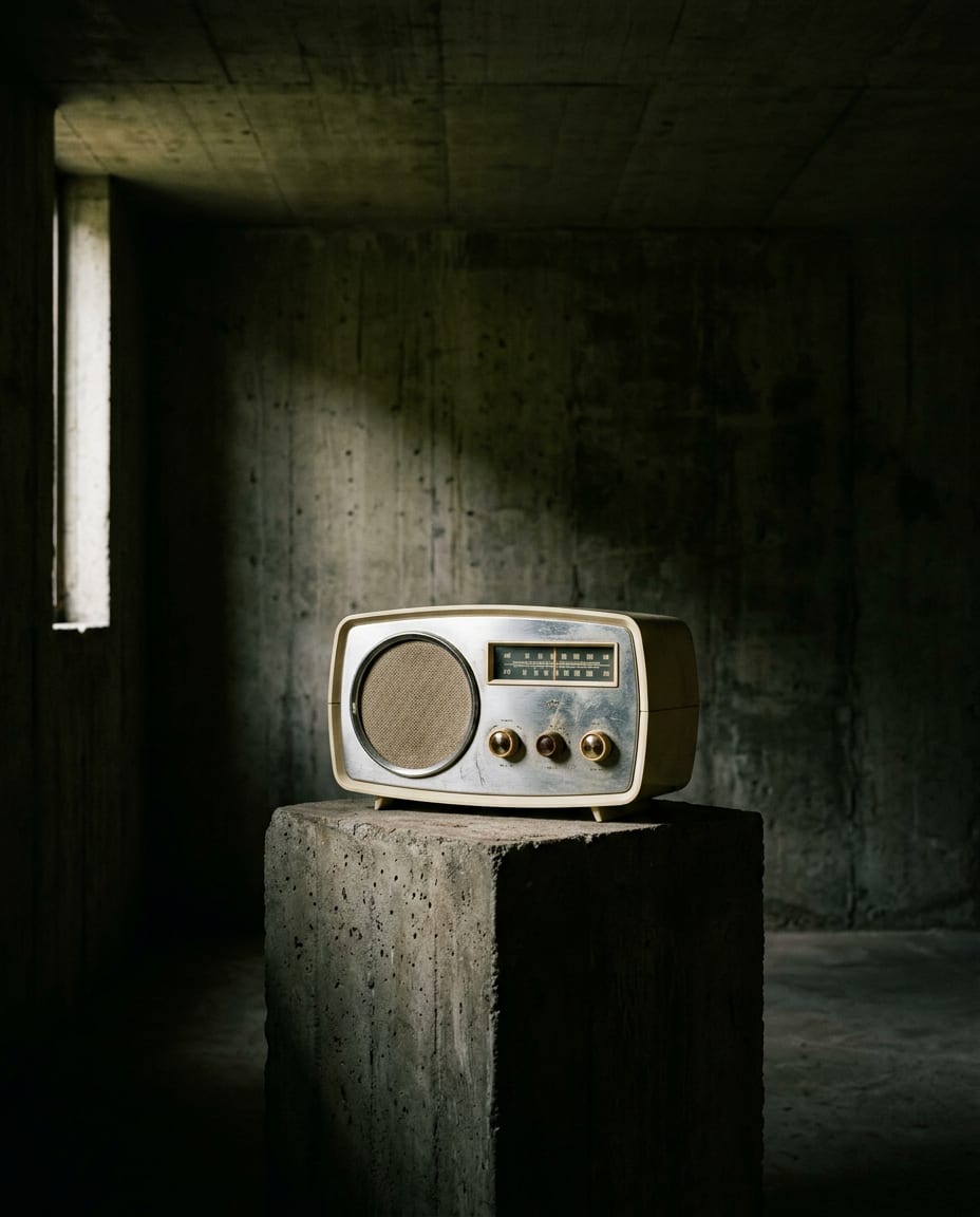 A mid-century radio in cream plastic and brushed metal on a concrete plinth, lit by a single shaft of sunlight