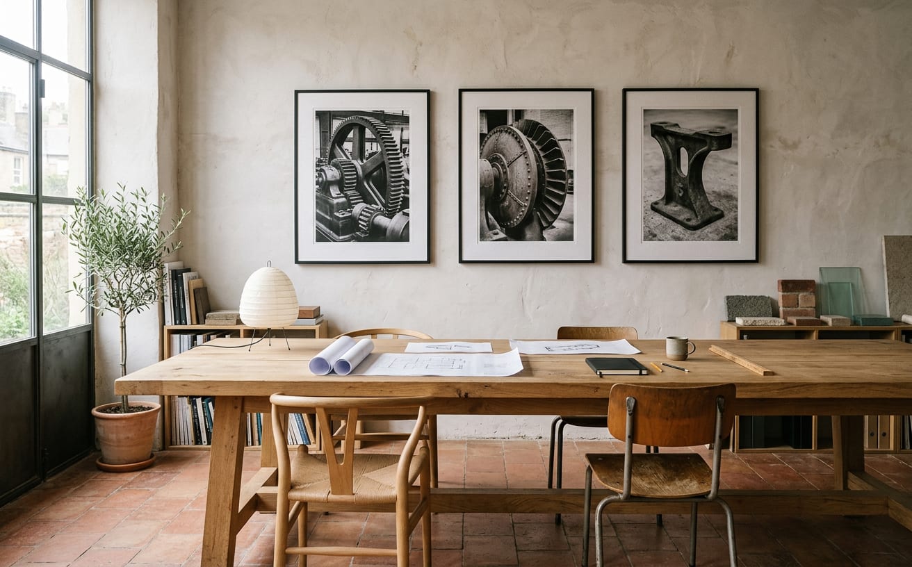 A bright studio with a long oak table, plans and chairs, and three framed black-and-white photographs of machine parts on a plaster wall
