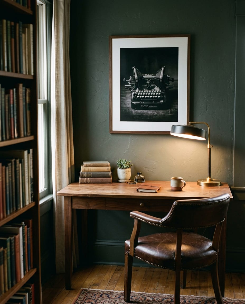 A small study with a walnut desk, a brass lamp, shelves of books and a framed black-and-white photograph of a typewriter on a green wall