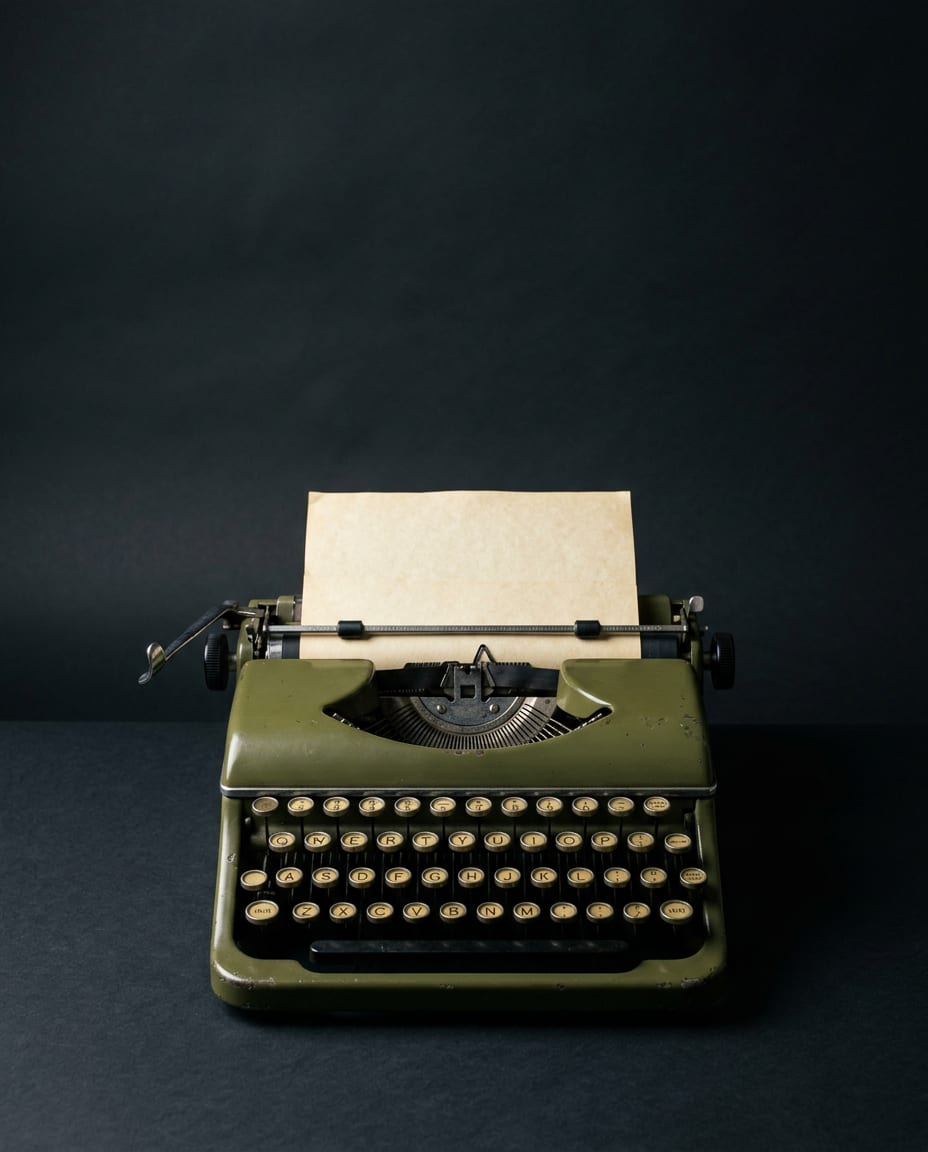 Sample poster photograph: an olive-green portable typewriter on a dark ground